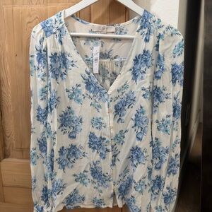 LOFT White Blouse with Blue Floral Print